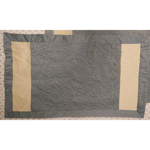 VTG Teal & Cream Contrast Stitching QUILTED SATIN King Sized Pillow SHAMS VGC - Picture 6 of 9